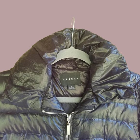 Tribal Black Puffer Jacket Long Coat Women's Jacket | Shiny | Snap in Hood - Picture 3 of 16